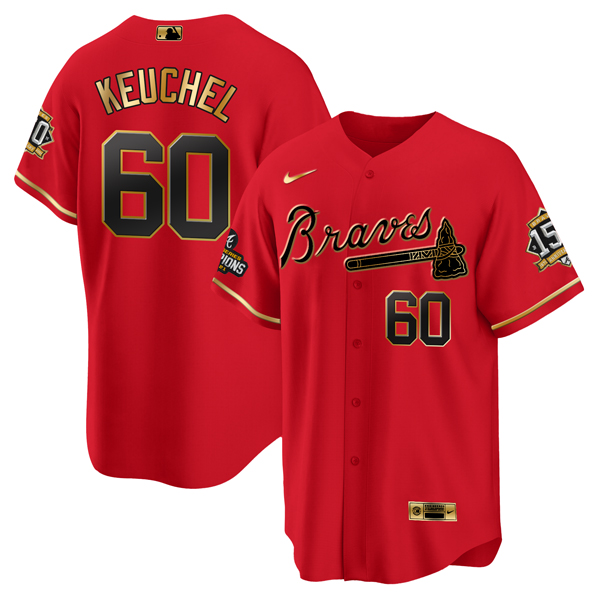 Men's Atlanta Braves #60 Dallas Keuchel Red/Gold World Series Champions With 150th Anniversary Patch Cool Base Stitched Jersey Men's Atlanta Braves #60 Dallas Keuchel Red/Gold World Series Champions With 150th Anniversary Patch Cool Base Stitched Jersey